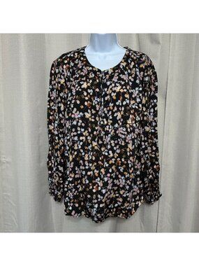 J. Jill Long Sleeve Button Front Top Women's Size XL Black Leaf Print